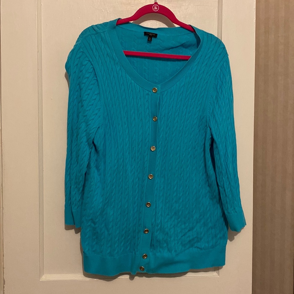 Talbots Cableknit Cardigan Size 3X Gold Buttons Blue Aqua Good condition